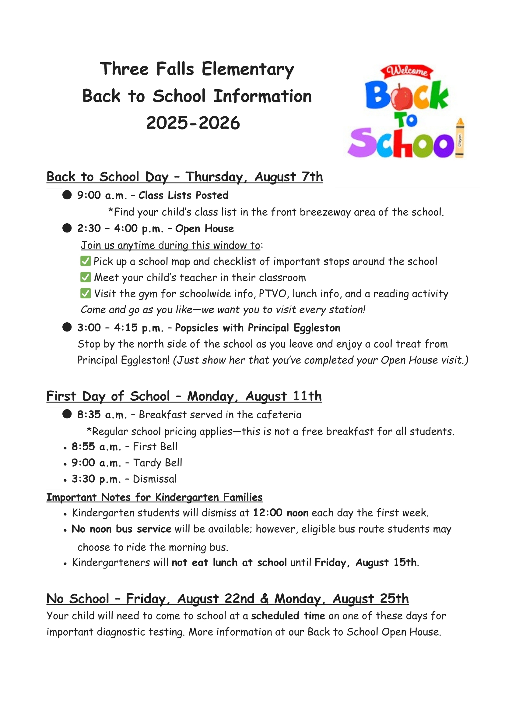 Back to School Information